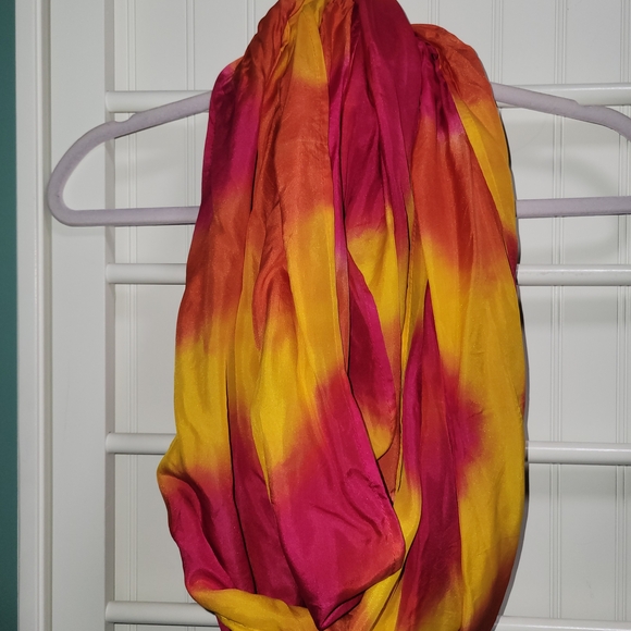 100% Silk Hand Painted Vibrant Pink and Yellow Infinity Scarf - Picture 1 of 4